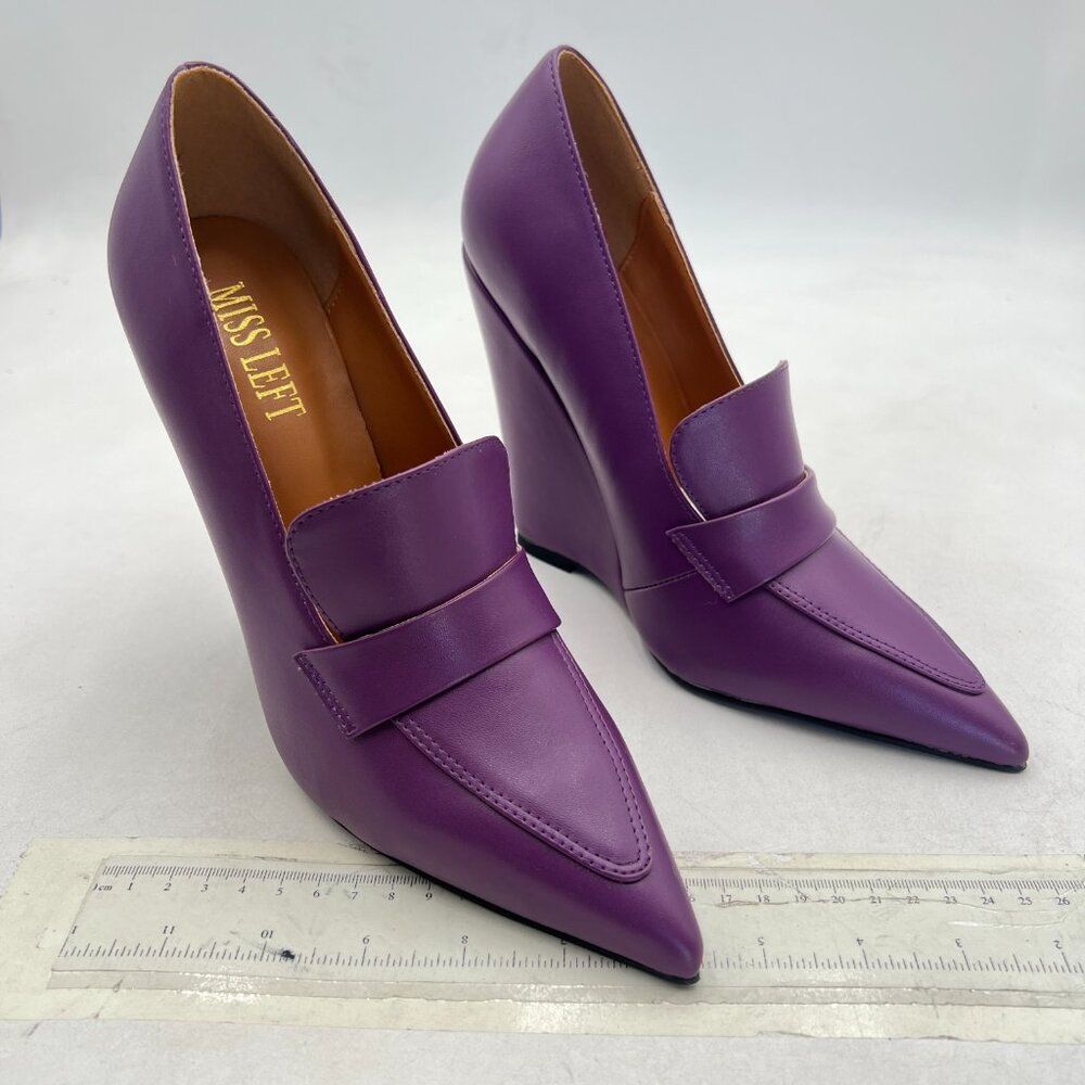 miss left Purple Wedge Heel Loafers Pumps Slip On Pointy Toe High Heels Shoes - Picture 4 of 8